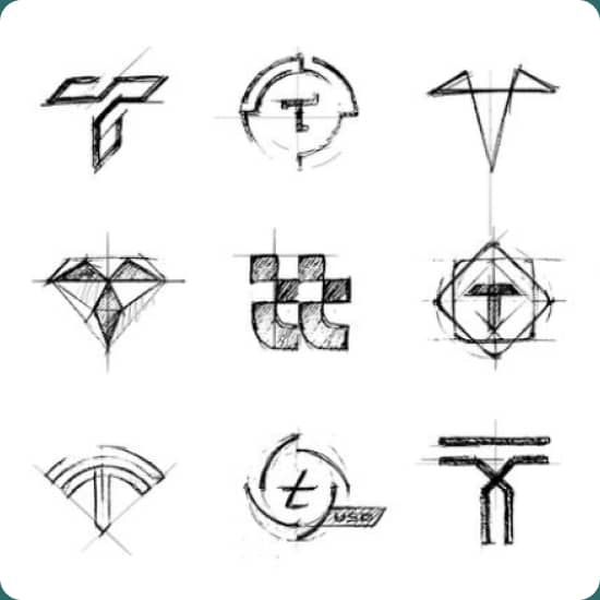 9 різних дизайнів логотипів, тобто різні концепції значка нарисовані сірим олівцем