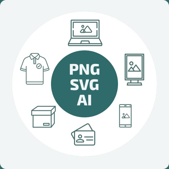 Два концентричні круги. В середньому надпис: PNG, SVG, AI. В зовнішньому намальовано по кругу значки ноутбука, футболки, коробки, візиток, смартфона та сітілайта