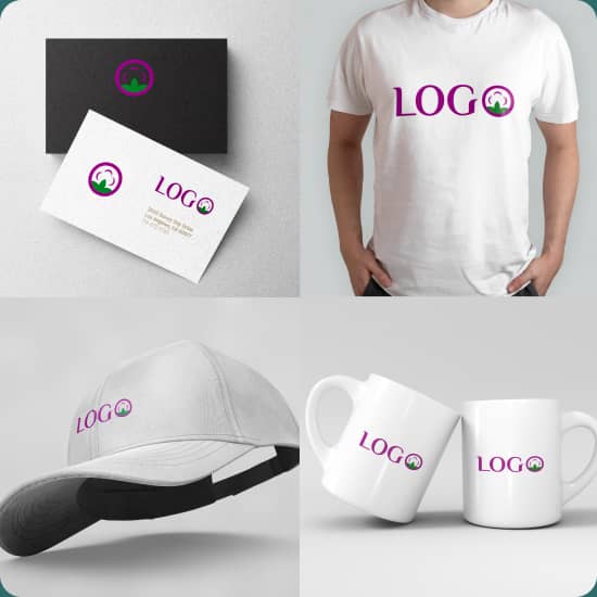 Чотири різні фото з різними товарами і написами Лого на них: дві візитки, футболка, кепка, дві чашки