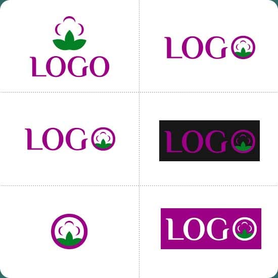 Шість різних логотипів з прикладом адаптивності їхніх розмірів та кольорів