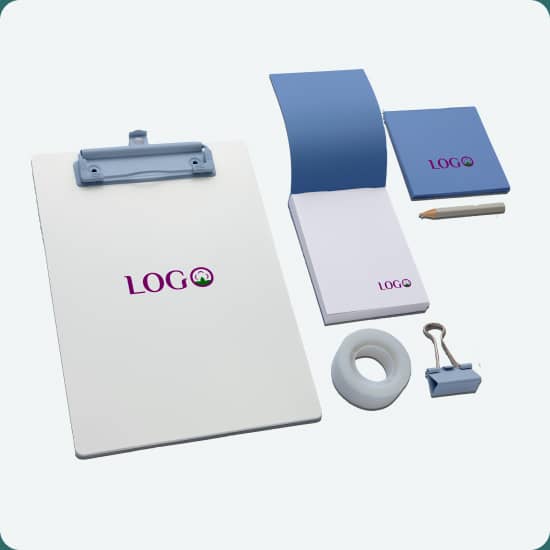 Фотографії канцелярських товарів з написом Лого: підставка, блокнот, стікери, скотч, прищіпка