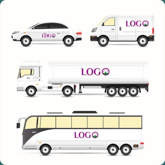 Ілюстрація транспортних засобів зі словом Logo (Лого): автомобіль, фургон, вантажівка, автобус