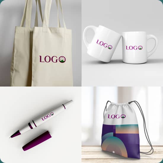 Ілюстрація побутових речей зі словом Logo (Лого): сумки, чашки, ручка, спортивний мішок