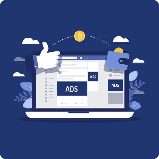 Спрощена ілюстрація інтерфейсу Facebook на екрані ноутбука з візуалізацією місць під розробку рекламних дизайнерських банерів