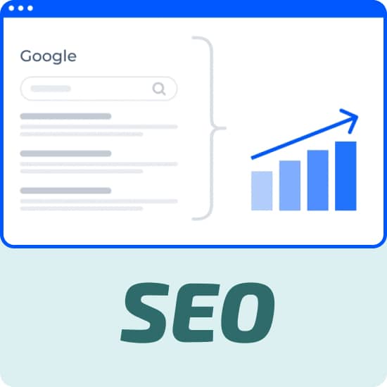 Ілюстрація результатів видачі пошукової системи Google зі значком зростаючої стовпчастої діаграми доходів компанії та підпис SEO