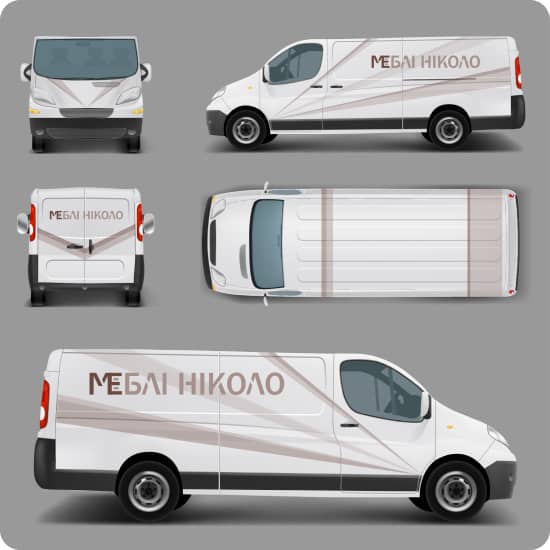 Автомобіль типу мінівен в 5 ракурсах з фірмовим дизайном та нанесеним логотипом меблевої фірми Меблі Ніколо